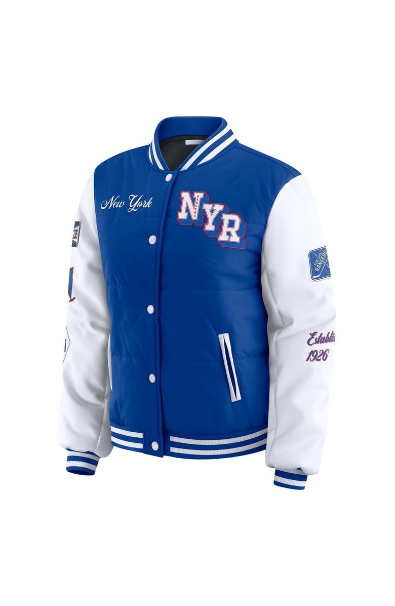 WEAR by Erin Andrews Women's WEAR by Erin Andrews Blue/White New York Rangers Varsity Full-Snap Puffer Jacket, Alternate, color, Blue