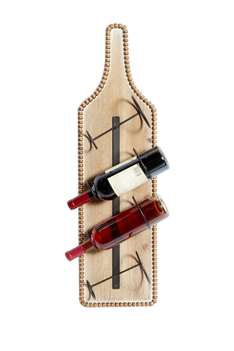 Brown Wood Bottle Shaped Wall Wine Rack with Beaded Frame, Alternate, color, BROWN