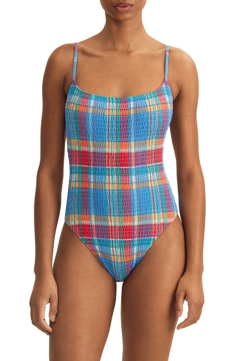 Kennedy Smocked One-Piece Swimsuit, Main, color, BLUE MULTI