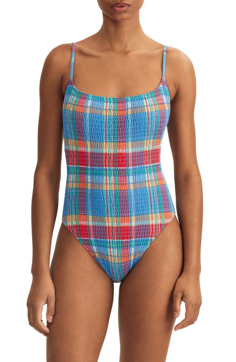 Polo Ralph Lauren Kennedy Smocked One-Piece Swimsuit, Main, color, Blue Multi