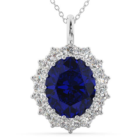 Oval Blue Sapphire & Diamond Halo Pendant Necklace 14k