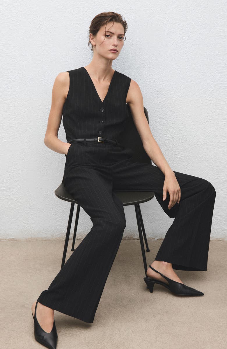 MANGO Pinstripe Sleeveless Belted Jumpsuit, Alternate, color, Dark Navy