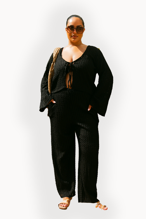 Fashion-szn Curve Curve Crochet Tie Front Resort Top In Black