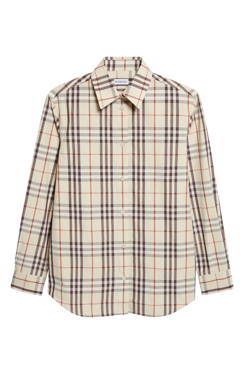 Burberry Emma Check Cotton Poplin Button-Up Shirt, Main, color, Almond Beige Ip Chck