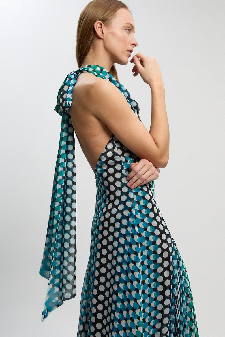 Polka Dot Halter Pleated Maxi Dress, Alternate, color, Green