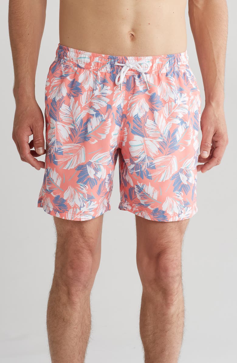 Slate & Stone Cabo Lightweight Swim Trunks, Main, color, Orange Leaf