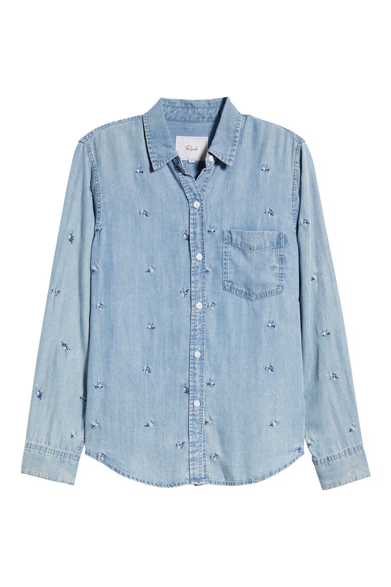 Ingrid Floral Embroidered Chambray Button-Up Shirt, Alternate, color, BLUE BLOSSOMS