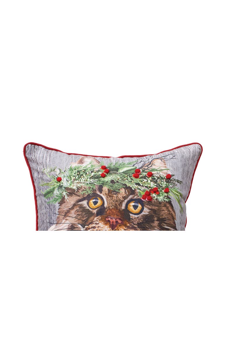 C&F Home Cat Wearing Holly Crown Printed & Embellished Christmas Accent Pillow, 18" x 18", Alternate, color, Brown