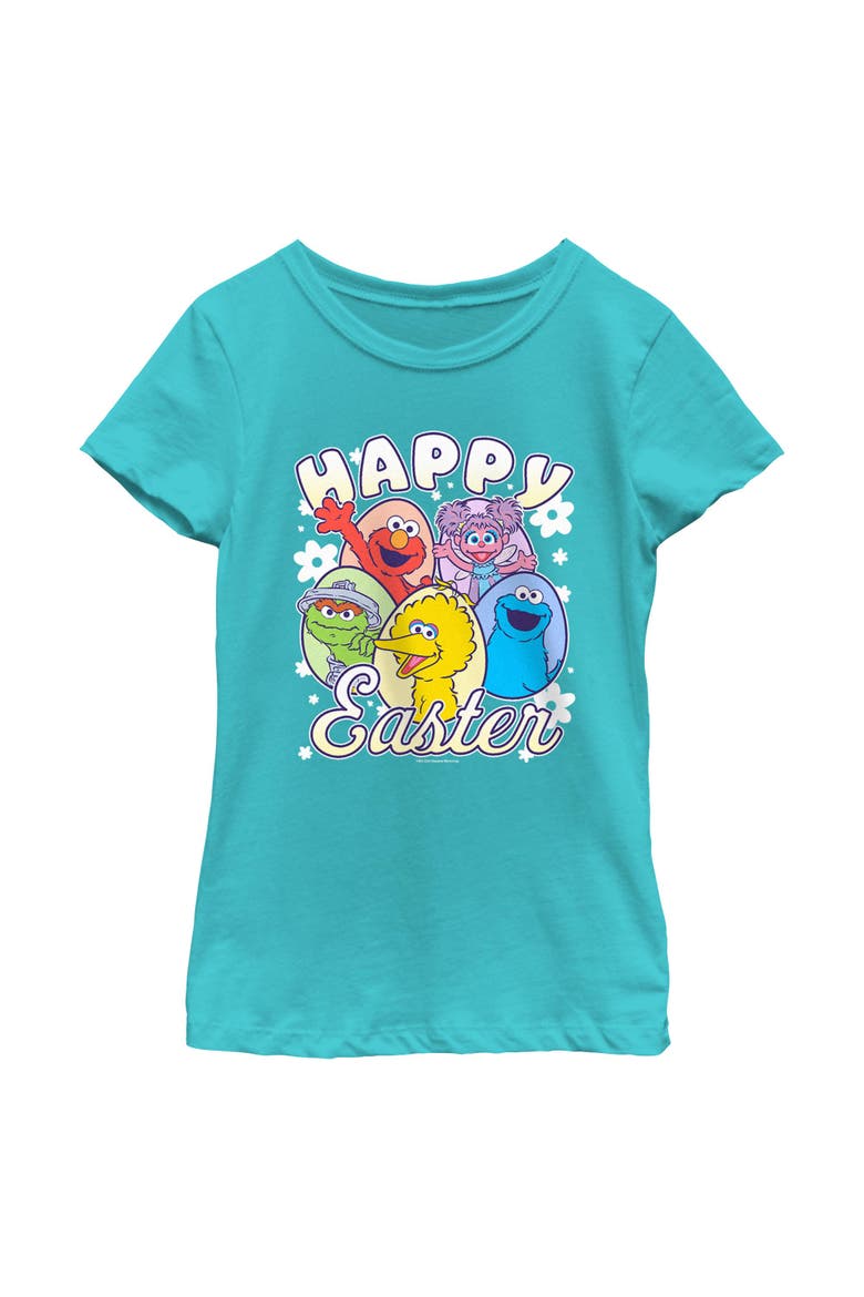 Girl's Sesame Street Happy Easter Eggs  Graphic T-Shirt, Main, color, Tahiti Blue