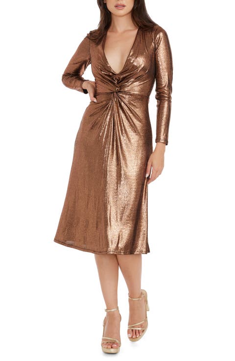 Daria Metallic Long Sleeve Fit & Flare Dress