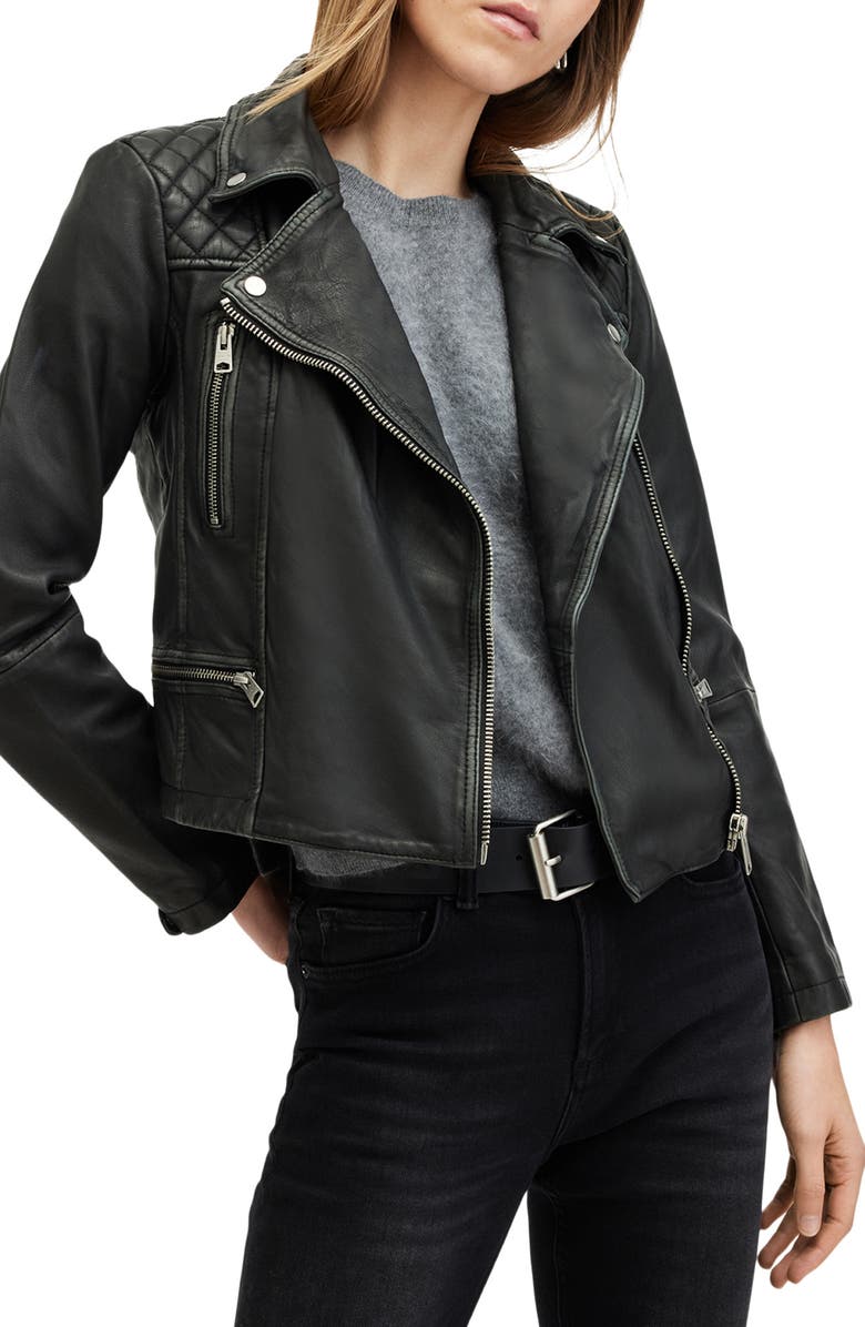 AllSaints Cargo Leather Biker Jacket, Main, color,