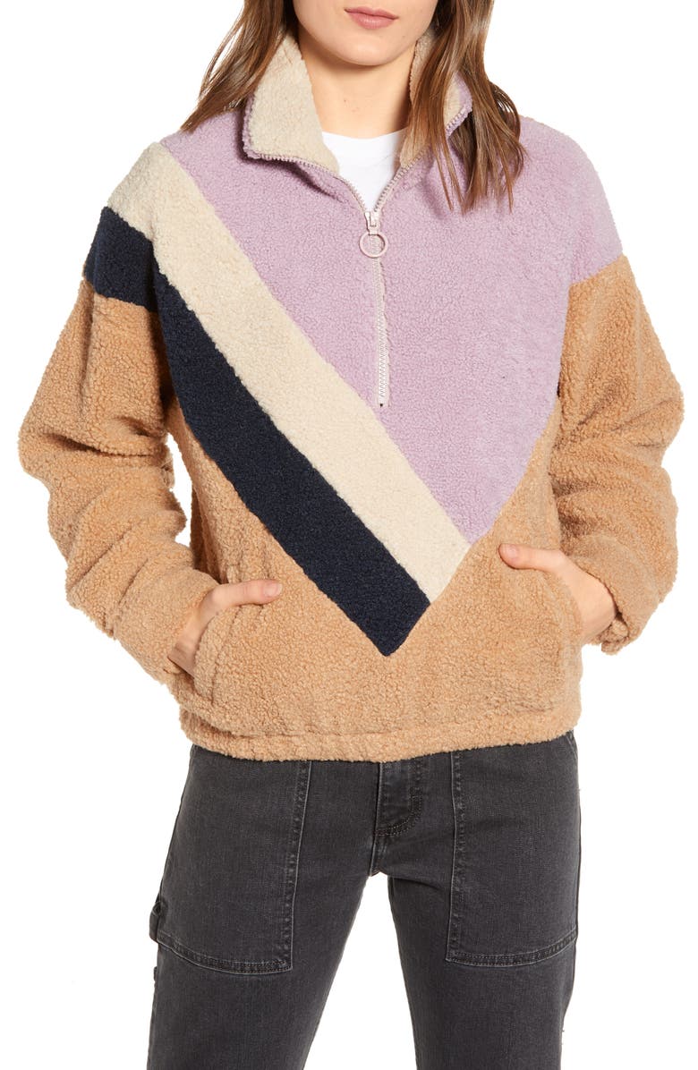 J.O.A. Colorblock Faux Shearling Quarter Zip Jacket, Main, color, 