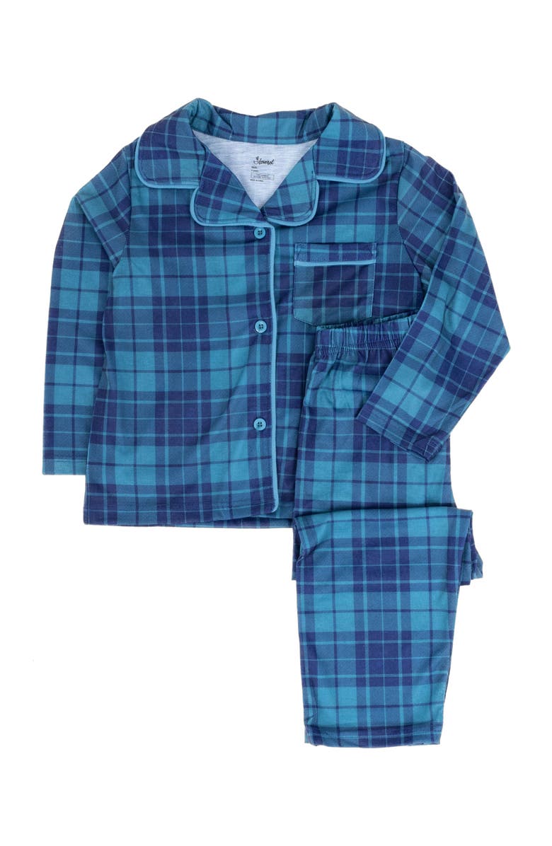 Leveret Kids Button-Front Flannel Printed Holiday Pajama Set, Alternate, color, Plaid Blue & Navy