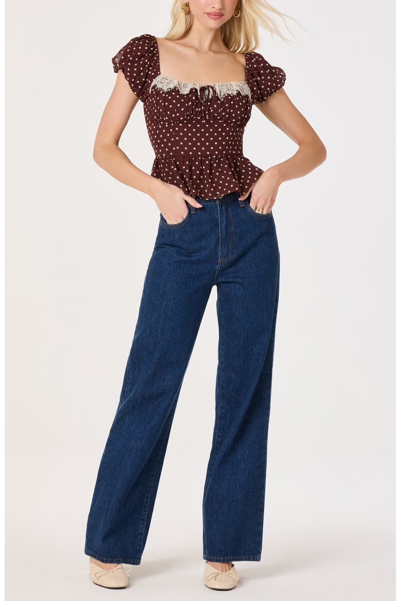 Letitia Polka Dot Lace Trim Peplum Top, Alternate, color, BROWN POLKADOT