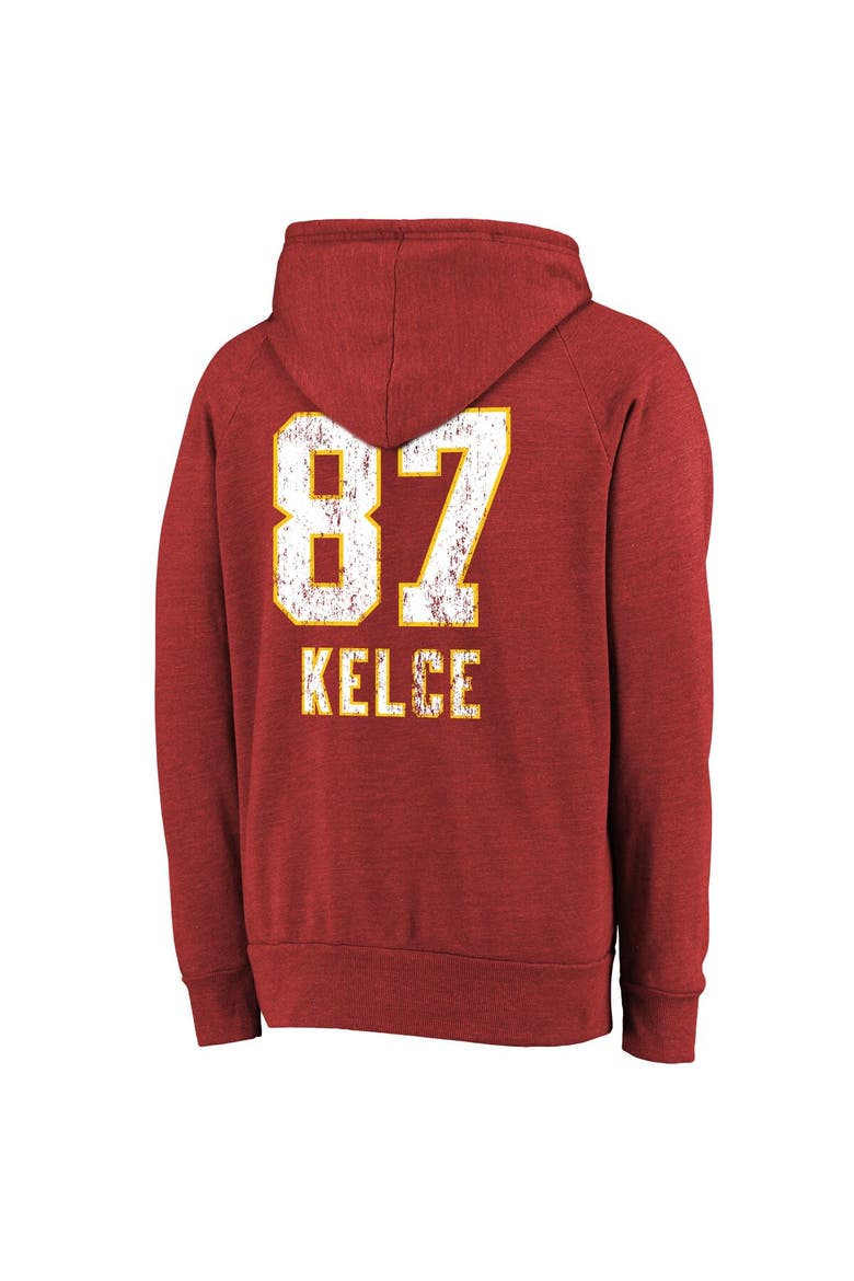 Men's Majestic Threads Travis Kelce Red Kansas City Chiefs Super Bowl LVIII Player Name & Number Tri-Blend Pullover Hoodie, Alternate, color, Red