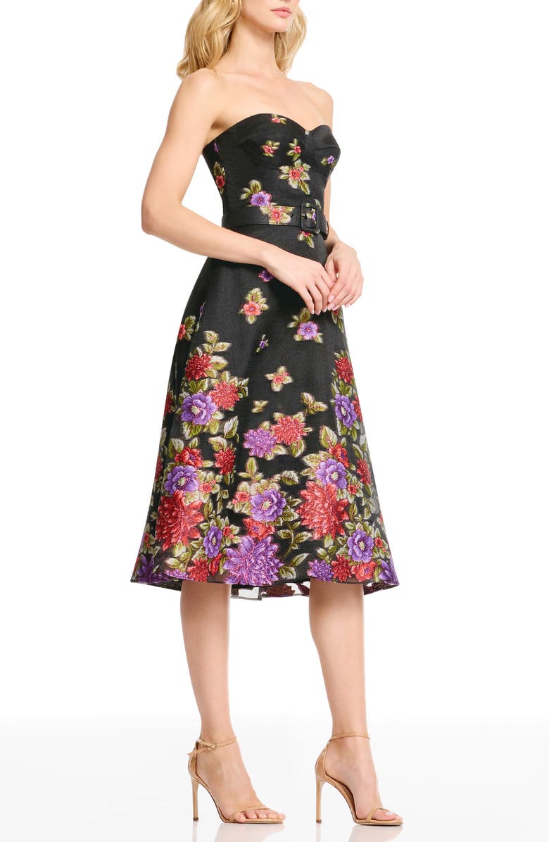 Dress the Population Carlita Belted Floral Strapless Cocktail Dress, Alternate, color, Black Multi
