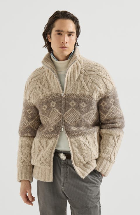 Virgin wool, silk and cashmere chiné cable knit down jacket with intarsia