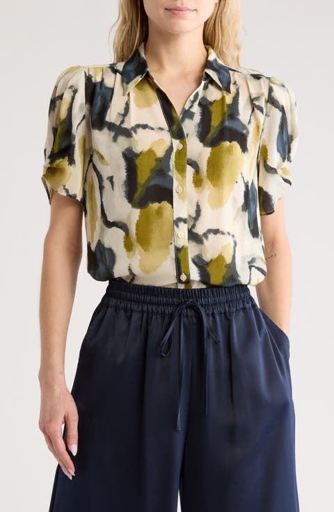 Patterned Pinch Sleeve Button-Up Shirt