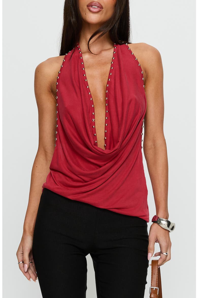 Khoda Studded Cowl Neck Open Back Top, Main, color, BURGUNDY