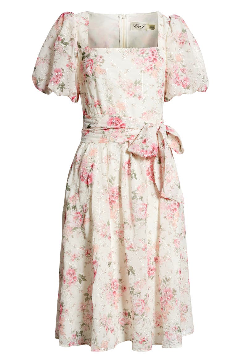 Floral Eyelet Puff Sleeve Midi Dress, Alternate, color, IVORY MULTI