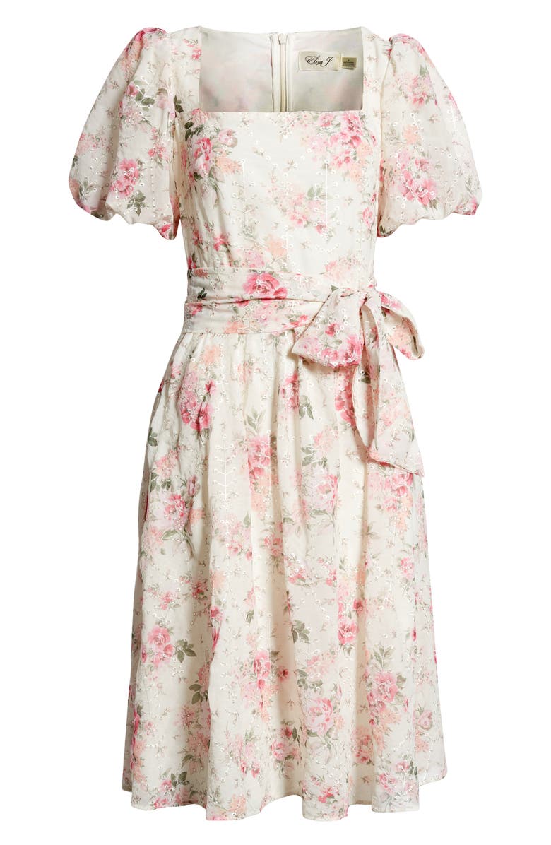 Eliza J Floral Eyelet Puff Sleeve Midi Dress, Alternate, color,