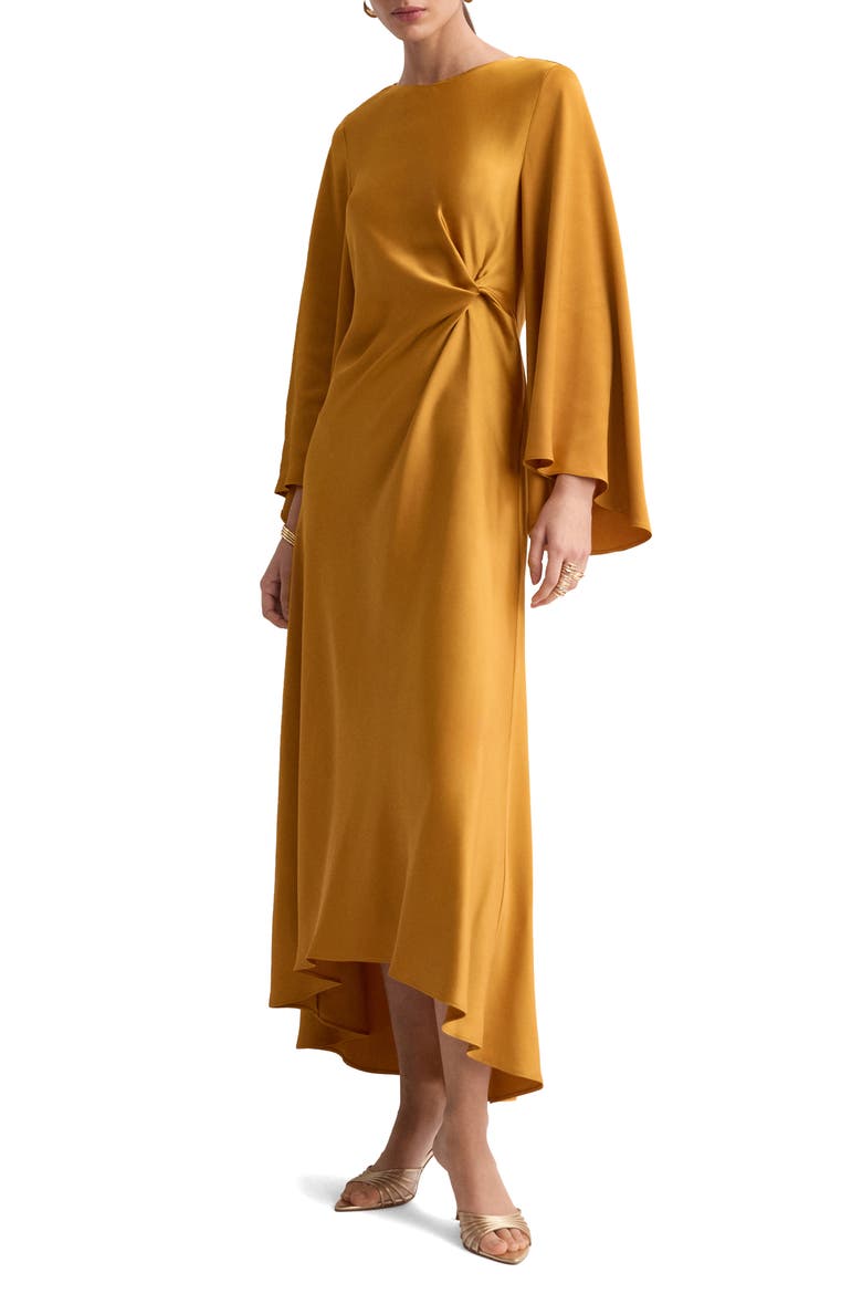 Twist Flutter Sleeve Satin Dress, Main, color, OCHRE