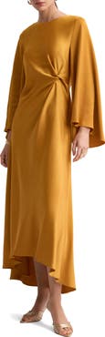 MANGO Twist Flutter Sleeve Satin Dress