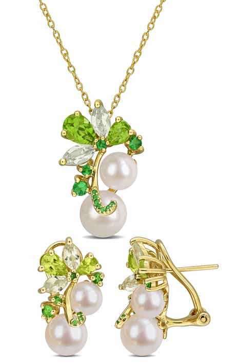 DELMAR Semiprecious Stone & Cultured Pearl Pendant Necklace & Stud Earrings Set