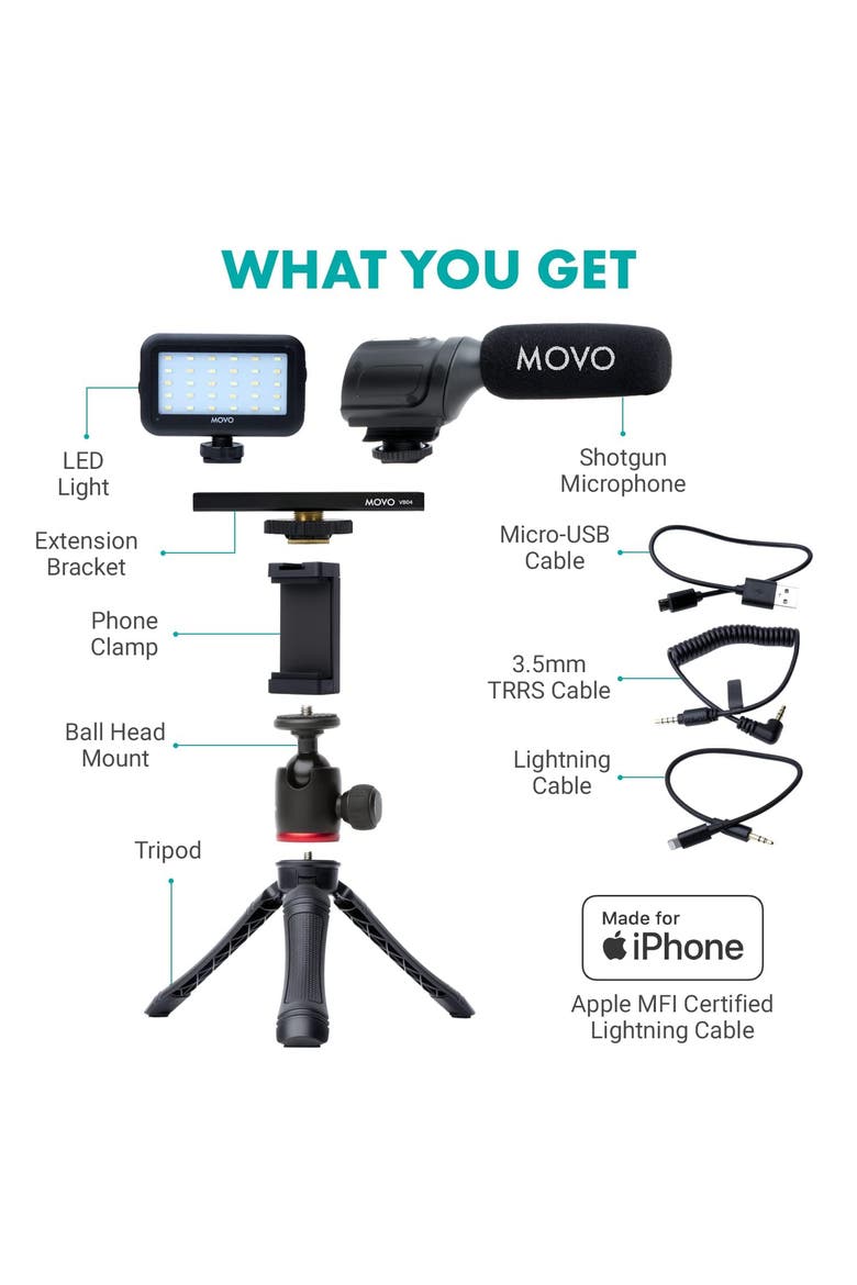 iVlogger Vlogging Kit for iPhone with Light, Mic, Phone Mount, Tripod, Alternate, color, Black