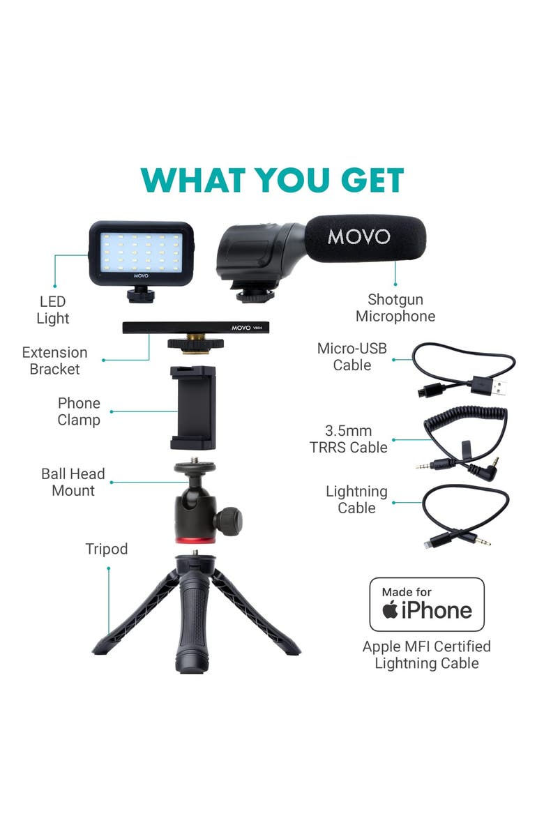 MOVO iVlogger Vlogging Kit for iPhone with Light, Mic, Phone Mount, Tripod, Alternate, color, Black