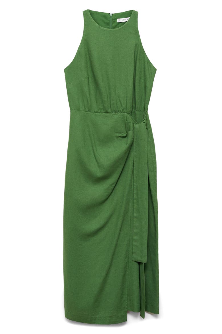 Bow Waist Linen Blend Midi Dress, Alternate, color, GREEN