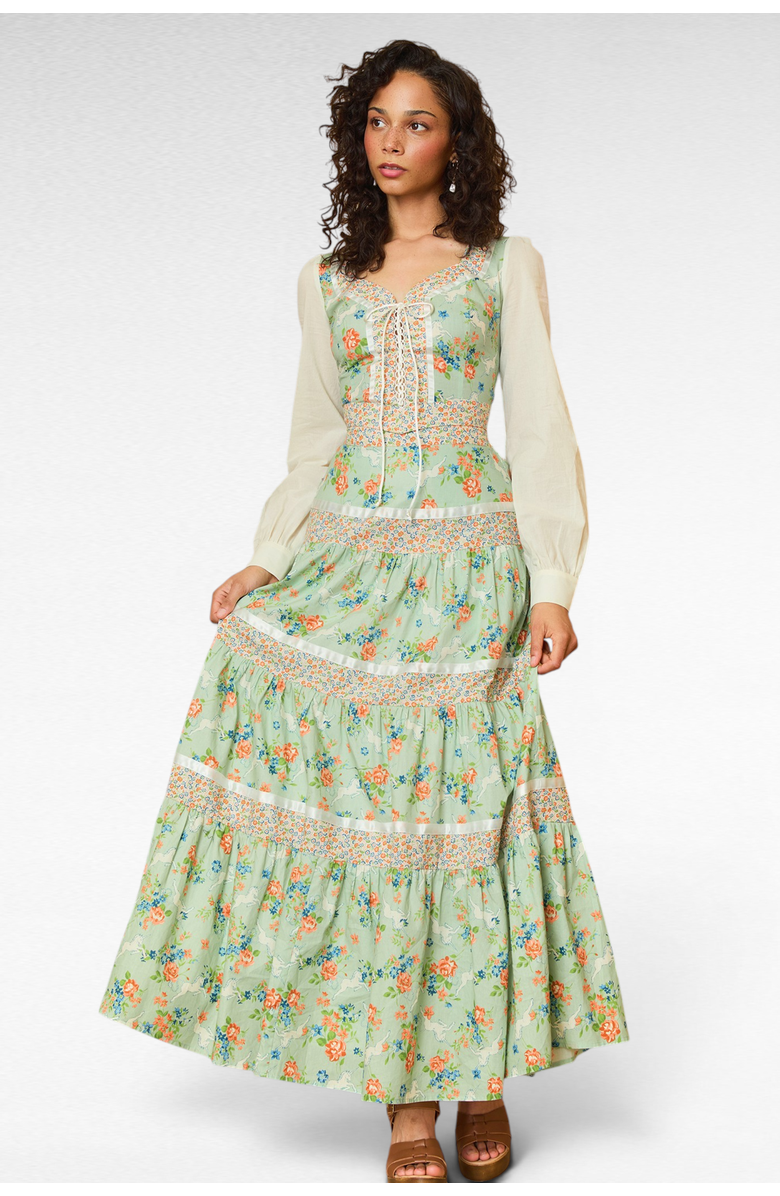 ModCloth Bella Tiered Maxi Skirt, ModCloth x Gunne Sax, Main, color, Unicorn Tapestry