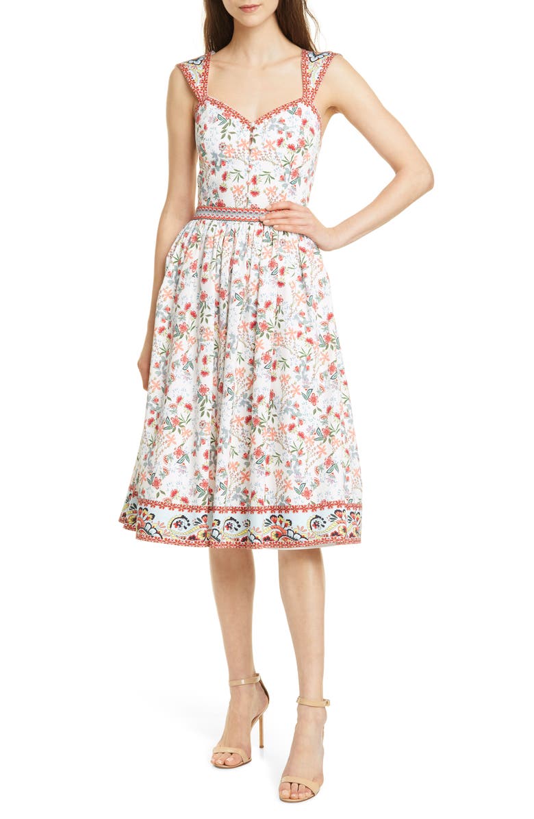 Alice + Olivia Portia Floral Sweetheart Neck Stretch Cotton Midi Dress, Main, color, 