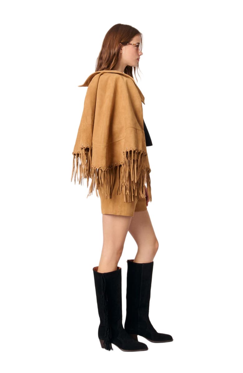 maje Fringed leather shorts, Alternate, color, 