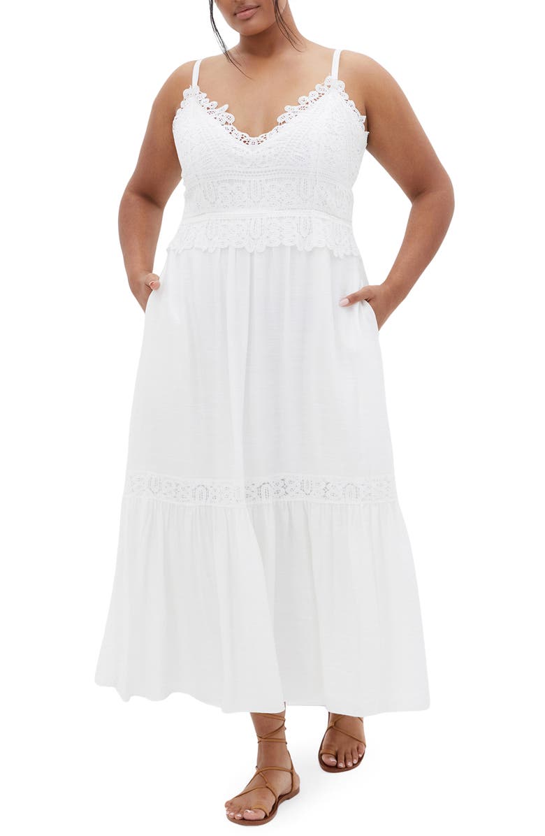 City Chic Brielle Lace Trim Maxi Sundress, Main, color, Ivory