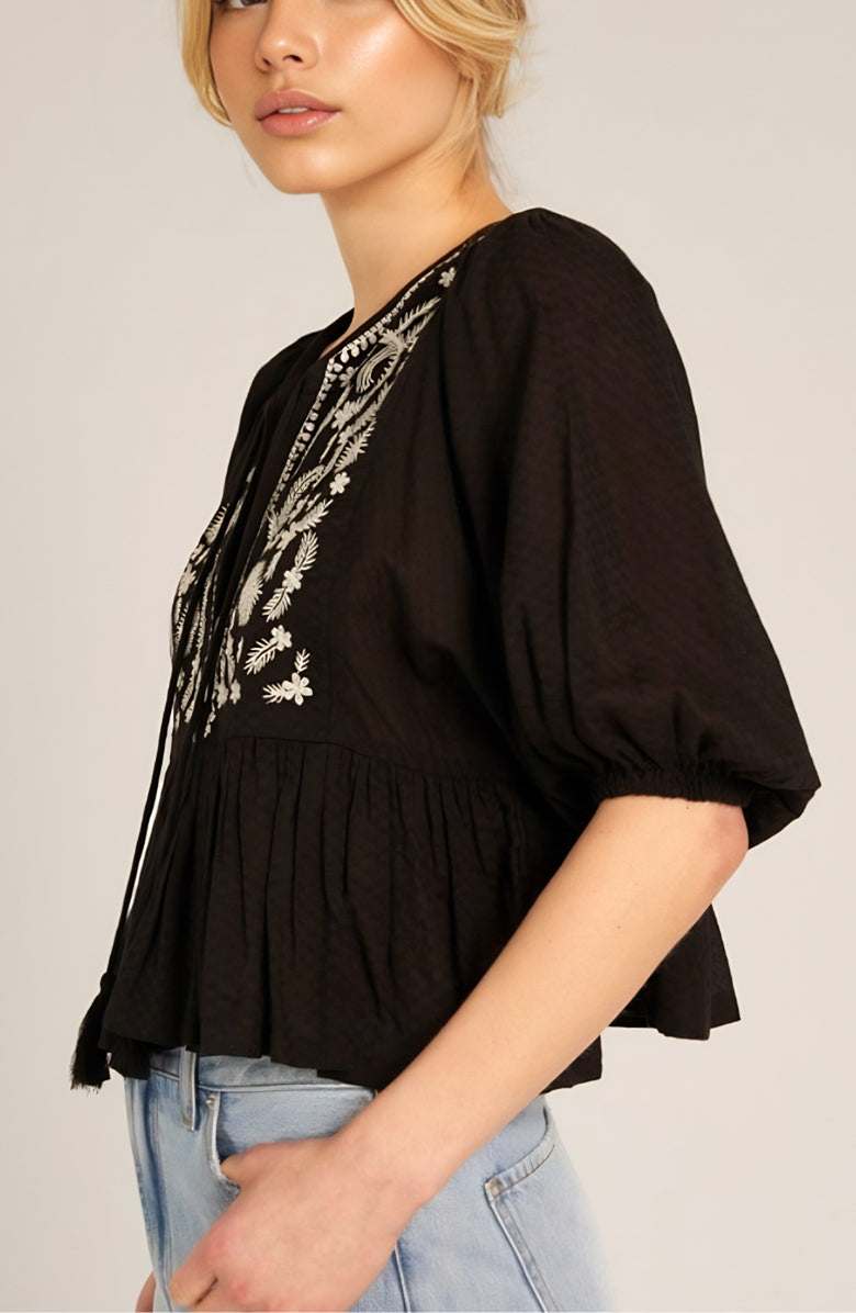 Knit and Lounge Boho Embroidered Peasant Blouse with Puff Sleeves, Alternate, color, Black