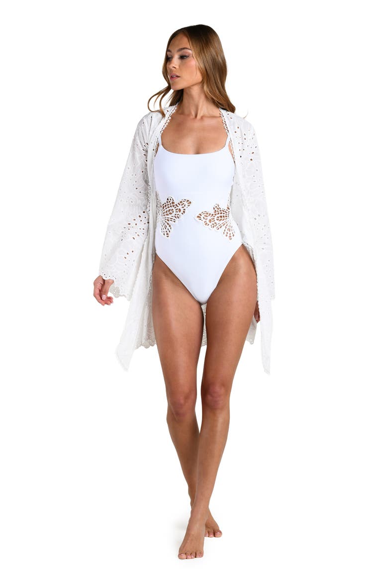 Monstera Eyelet Cove Long Sleeve Cotton Cover-Up, Alternate, color, WHITE