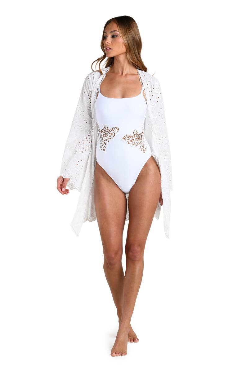 L'AGENCE Monstera Eyelet Cove Long Sleeve Cotton Cover-Up, Alternate, color, White