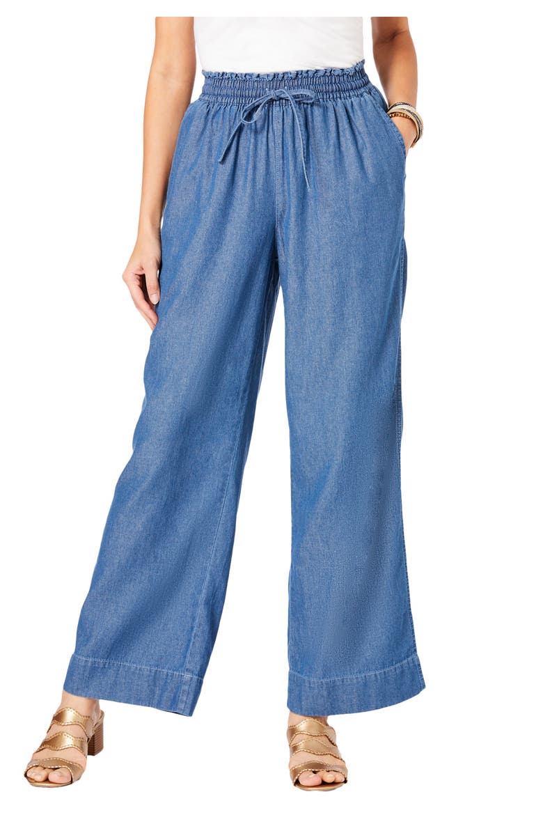 Plus Size Pull On Wide Leg Chambray Pant, Main, color, LIGHT STONEWASH
