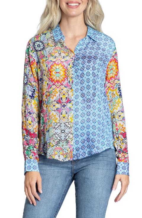Print Roll-Up Sleeve Chiffon Button-Up Shirt
