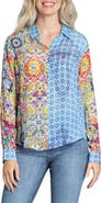 APNY Print Roll-Up Sleeve Chiffon Button-Up Shirt