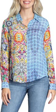 APNY Print Roll-Up Sleeve Chiffon Button-Up Shirt