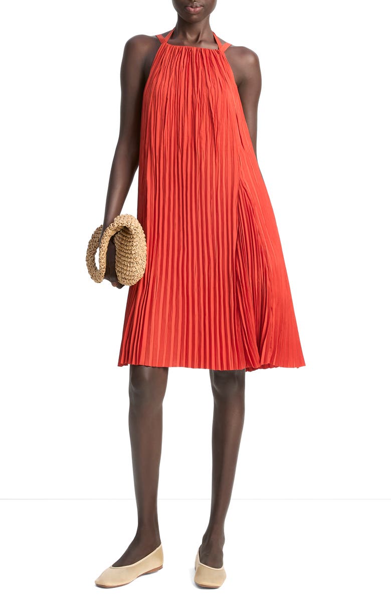 Vince Pleated A-Line Halter Dress, Main, color, Brick Rose