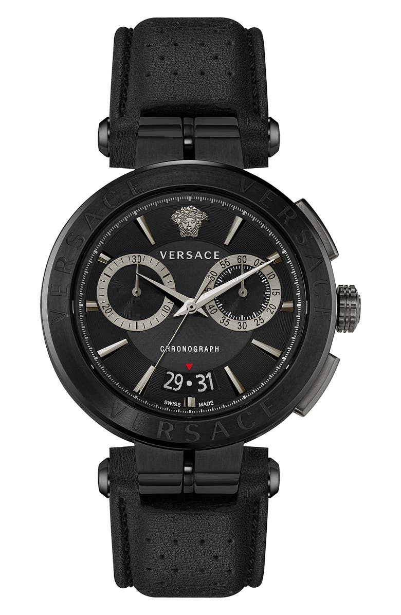 Versace Aion Chronograph Leather Strap Watch, 45mm, Main, color,