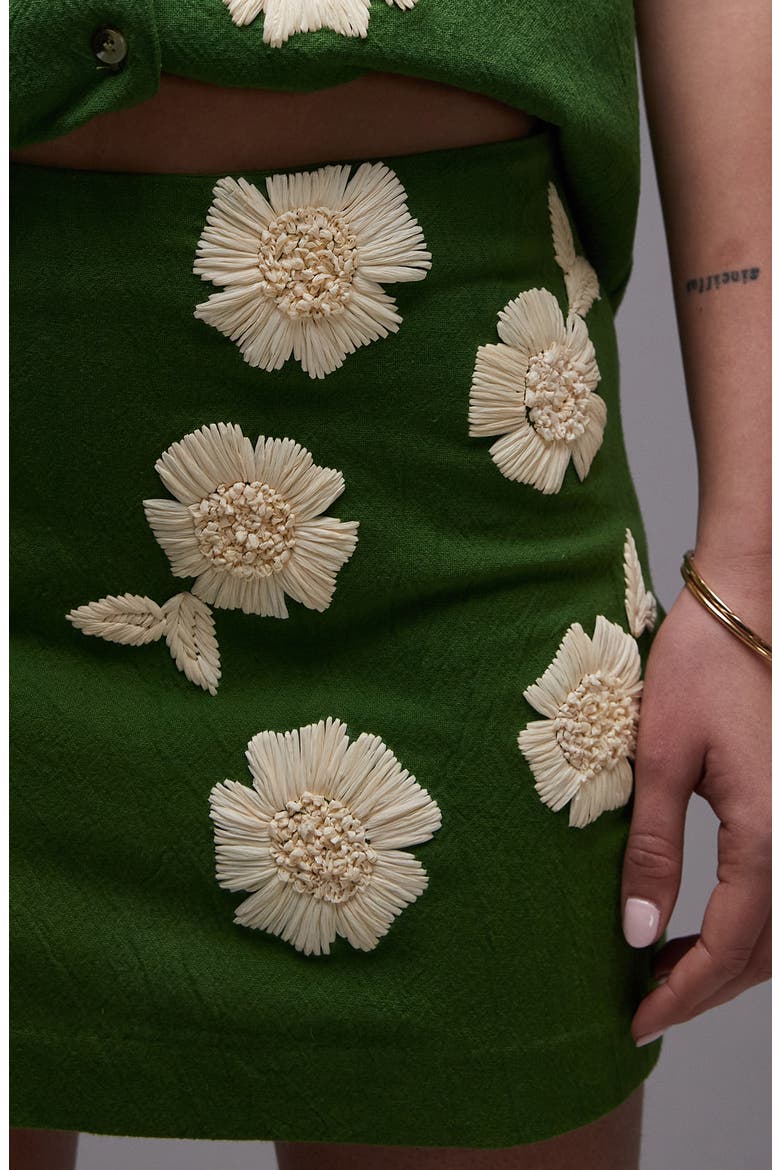 Pelmet Raffia Flowers Miniskirt, Alternate, color, MEDIUM GREEN
