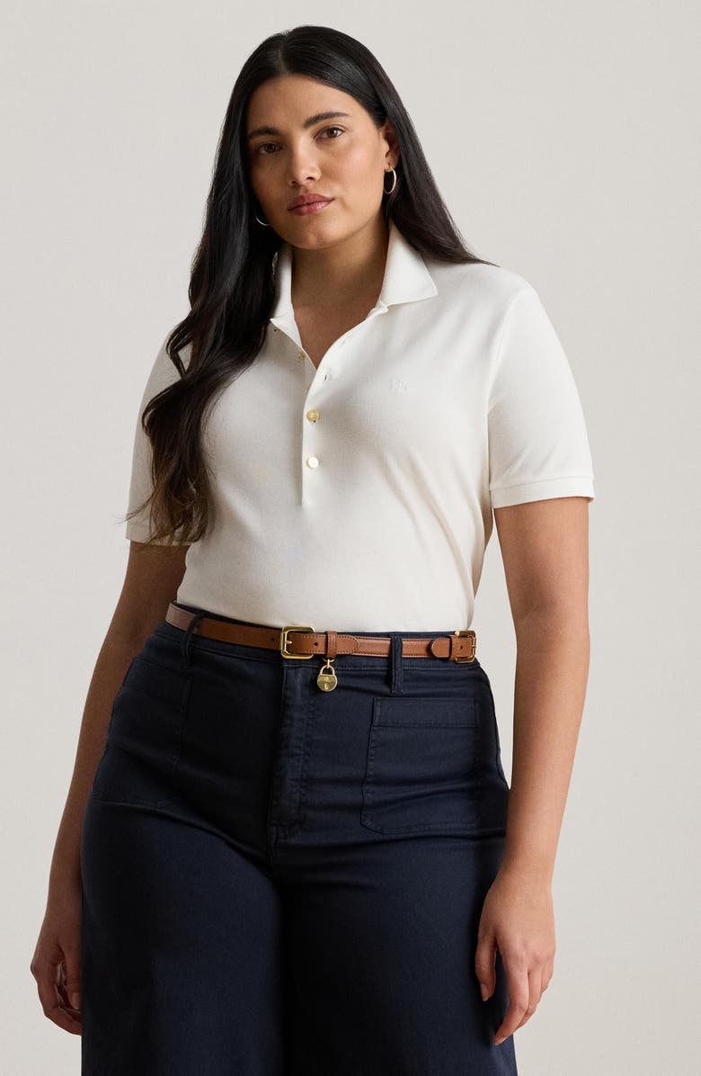 Lauren Ralph Lauren Embroidered Logo Stretch Cotton Piqué Polo Shirt, Alternate, color, White