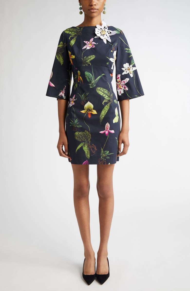 Oscar de la Renta Orchid Print Stretch Poplin Minidress, Main, color, 