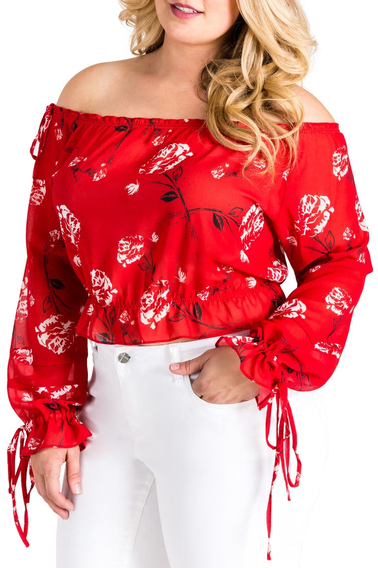 Marina Off the Shoulder Tie Sleeve Top, Main, color, RED TULIP PRINT