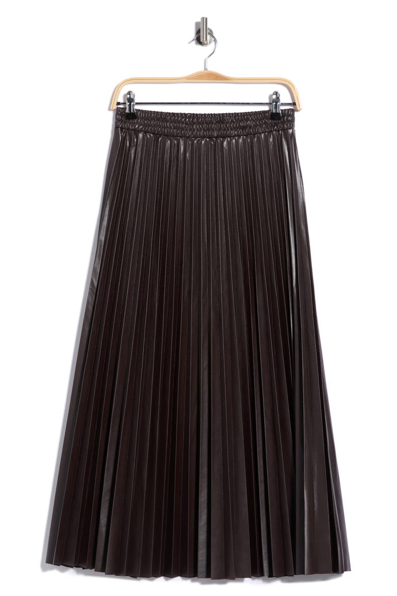 Pleated Faux Leather Midi Skirt, Alternate, color, DK BROWN
