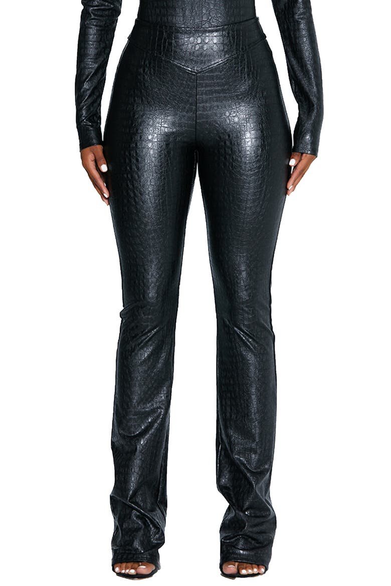 Croc Embossed Faux Leather Bootcut Pants, Main, color, BLACK